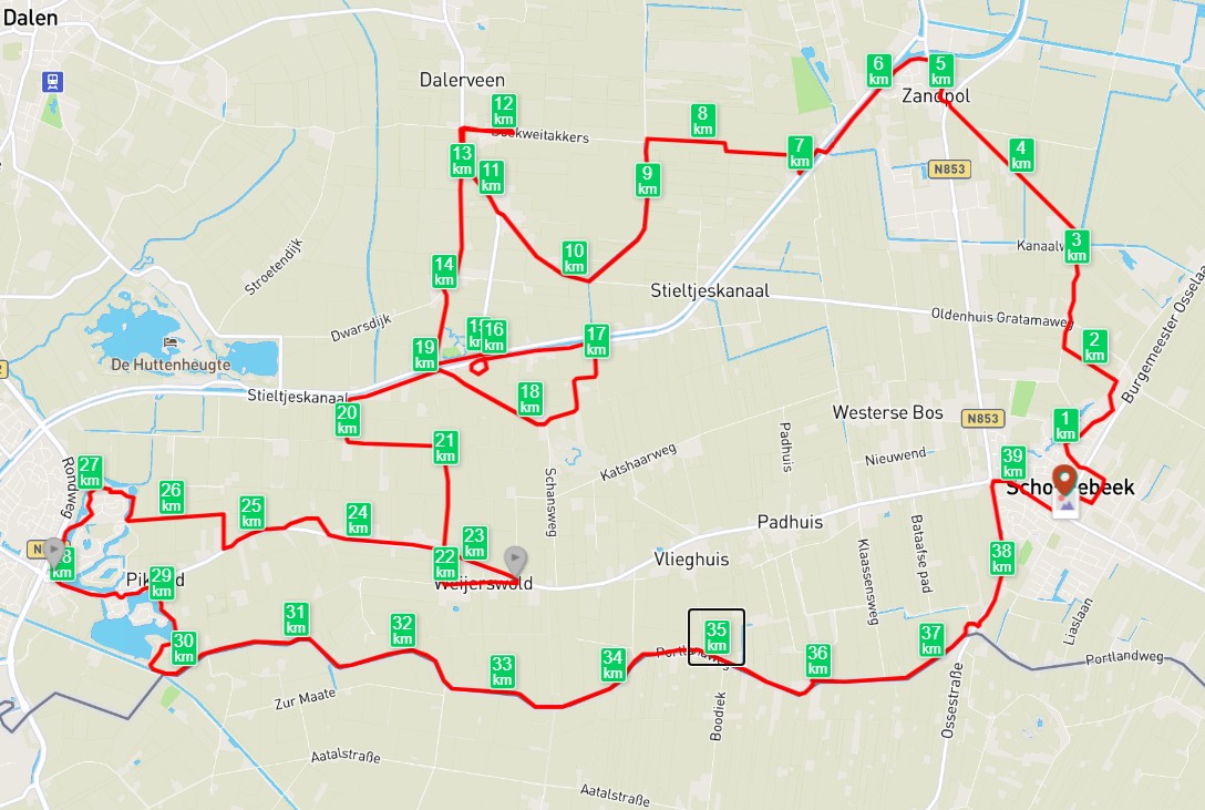 2026 - 40km rev 2 Overzichtskaart van de 40 kilometer route voor de Boortorenwandeltocht 2023